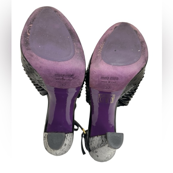 Miu Miu Prada Black Pleated Leather Peep Toe Platform Slingback Heels size37 - Picture 6 of 16